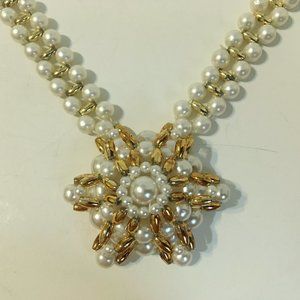 Star Cluster Necklace White Faux Pearl Gold Tone Metal Beads Dome Vintage